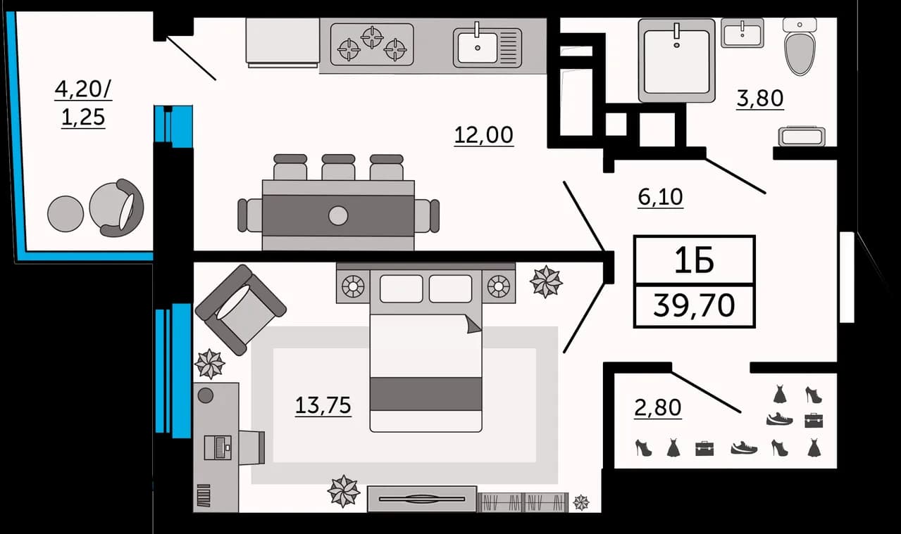 Планировка: 1-комнатная, 39,7 м², ЖК «Донской Арбат 2»