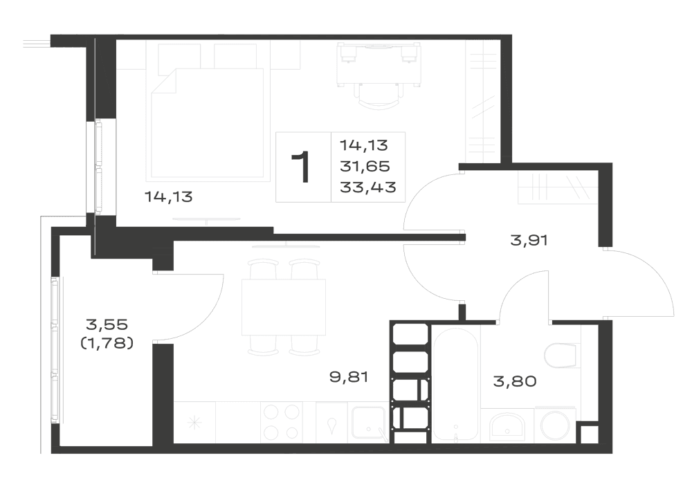 Планировка: 1-комнатная, 33,43 м², ЖК «Октябрь Парк»