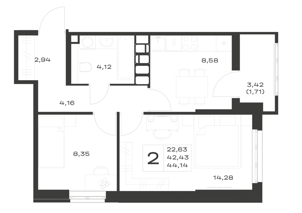 Планировка: 2-комнатная, 44,14 м², ЖК «Октябрь Парк»