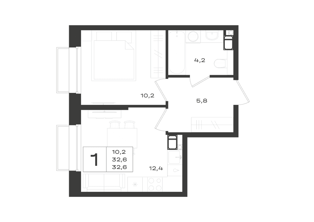 Планировка: 1-комнатная, 32,6 м², ЖК «Придонье»
