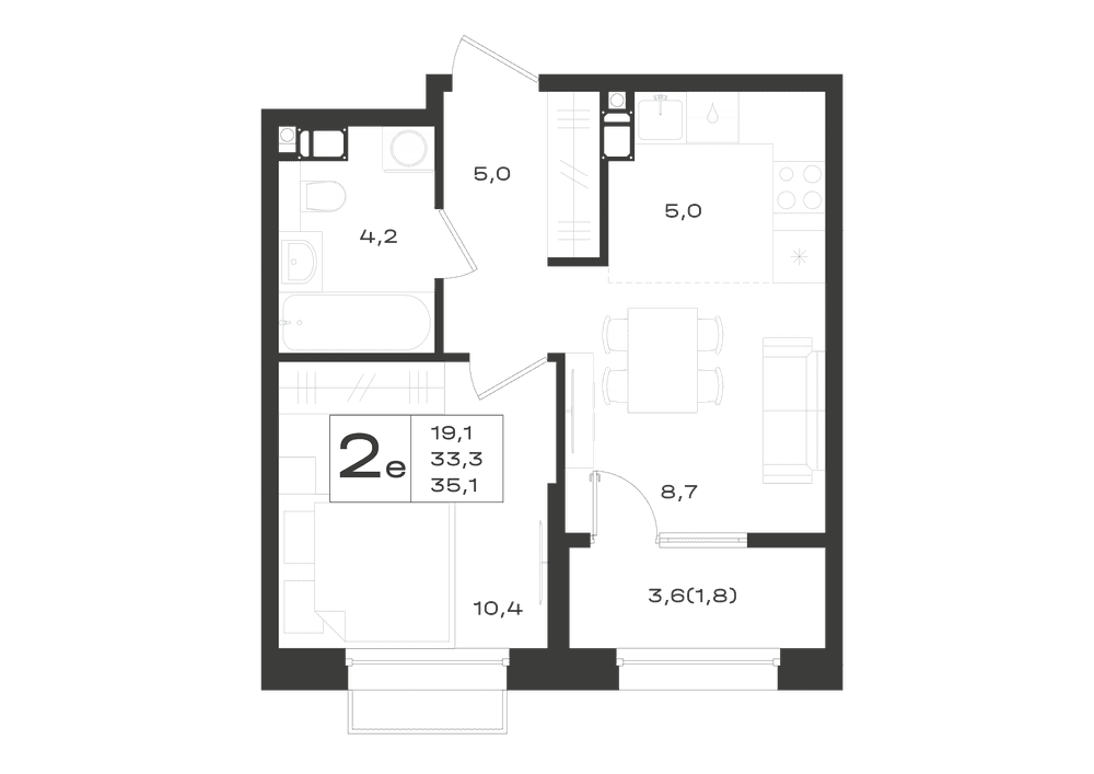Планировка: 2-комнатная, 35,1 м², ЖК «Придонье»