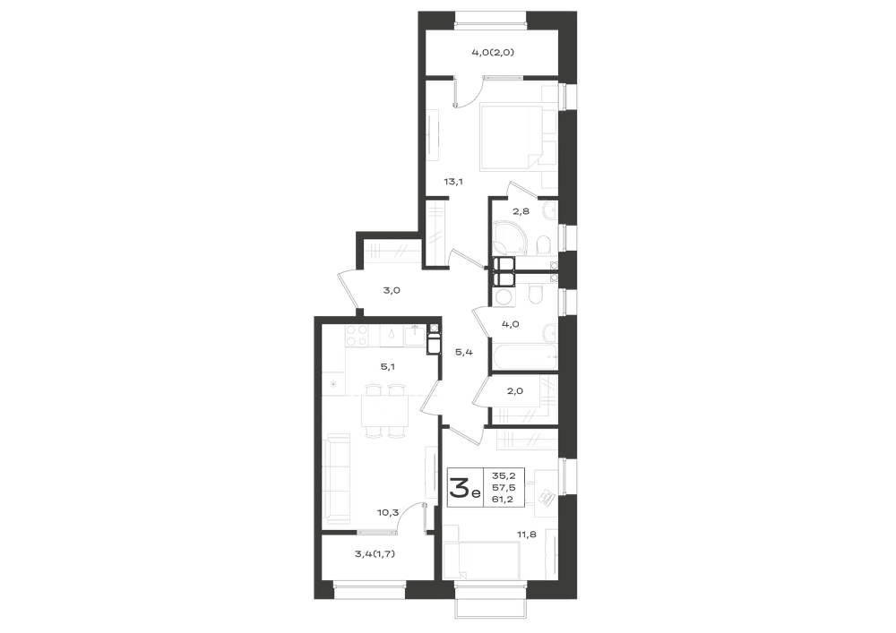 Планировка: 3-комнатная, 61,2 м², ЖК «Придонье»